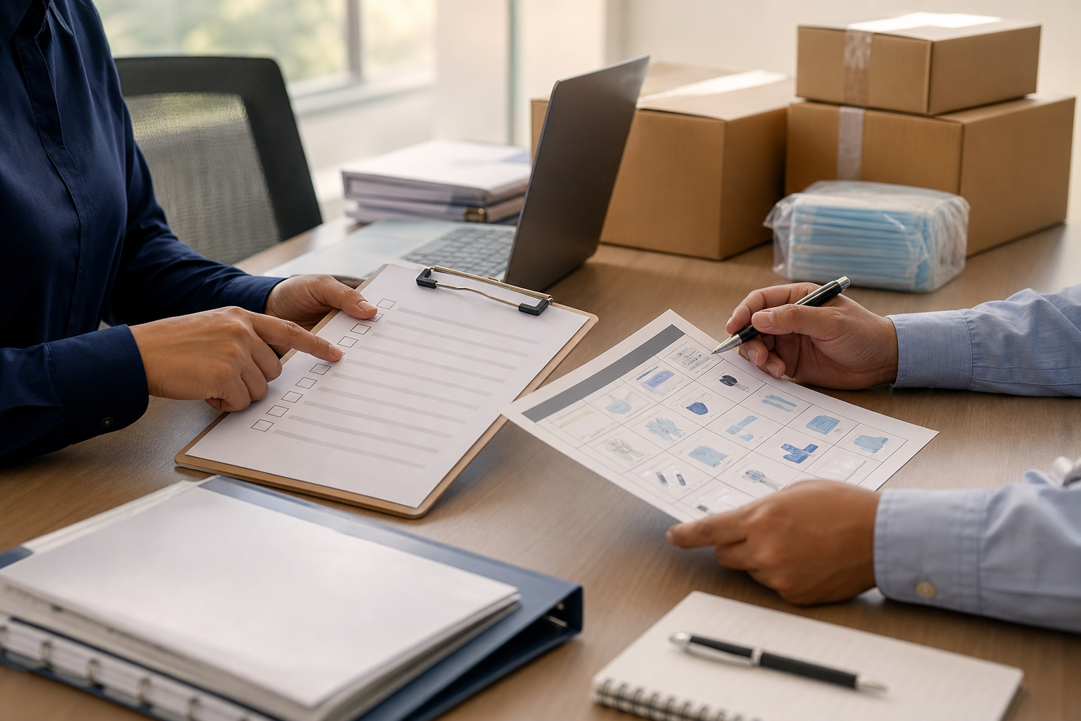 Procurement checklist and medical supply category sheet on a meeting table