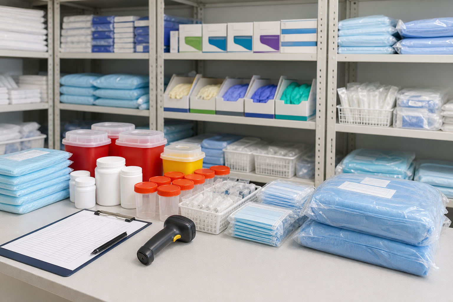 Organized medical supply categories on a clean supply room table