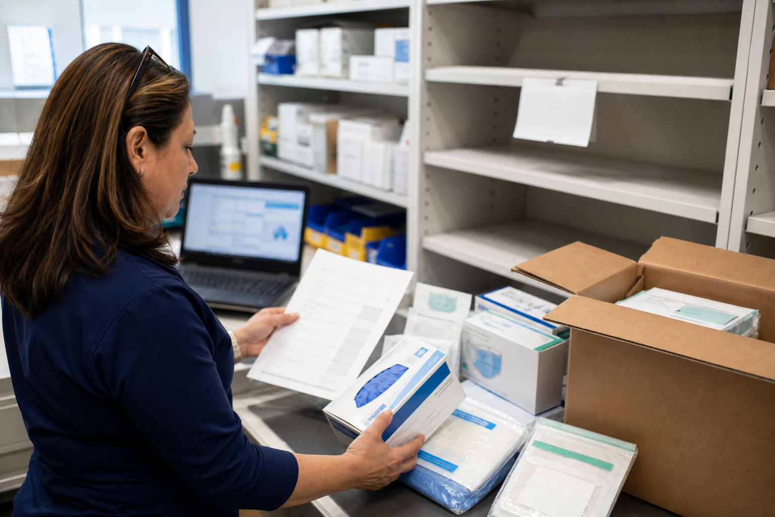 Clinic supply office with sealed medical supplies, boxes, and a procurement list